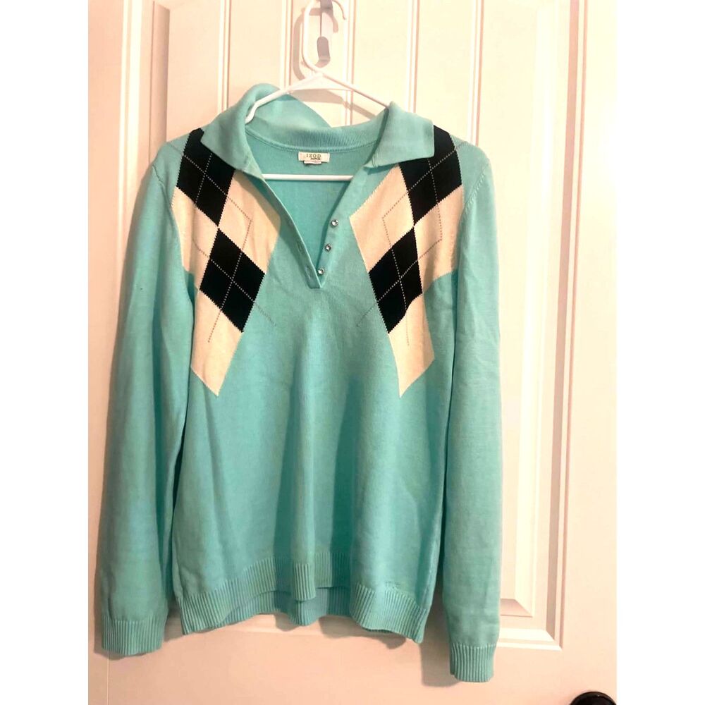 Women's IZOD XFG Aqua Cream & Black Argyle V-Neck Sweater, Preppy